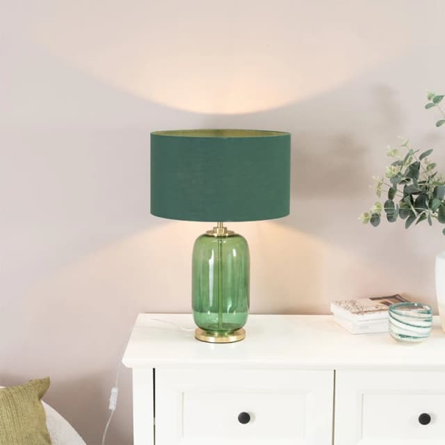 ValueLights Leigh Fabric Drum Shade with Forest Green Glass and Gold Trim Table Lamp Bottle Green