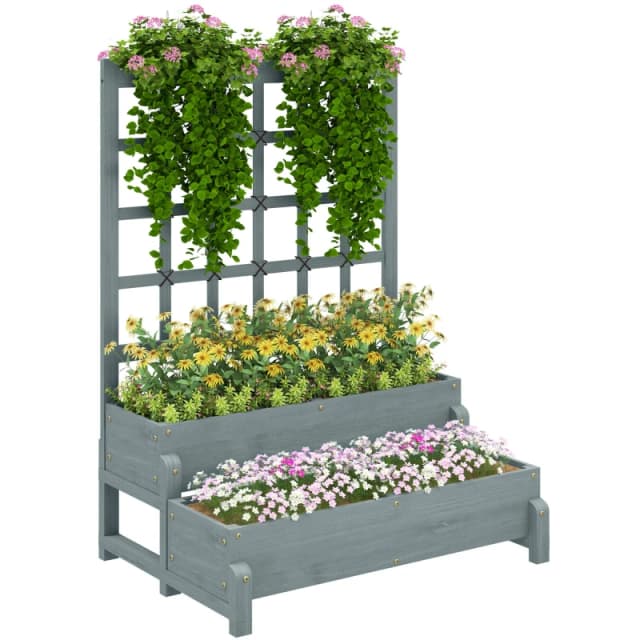 Outsunny Outsunny 2-Tier Wooden Raised Bed with Trellis and Drainage Holes, Grey Grey