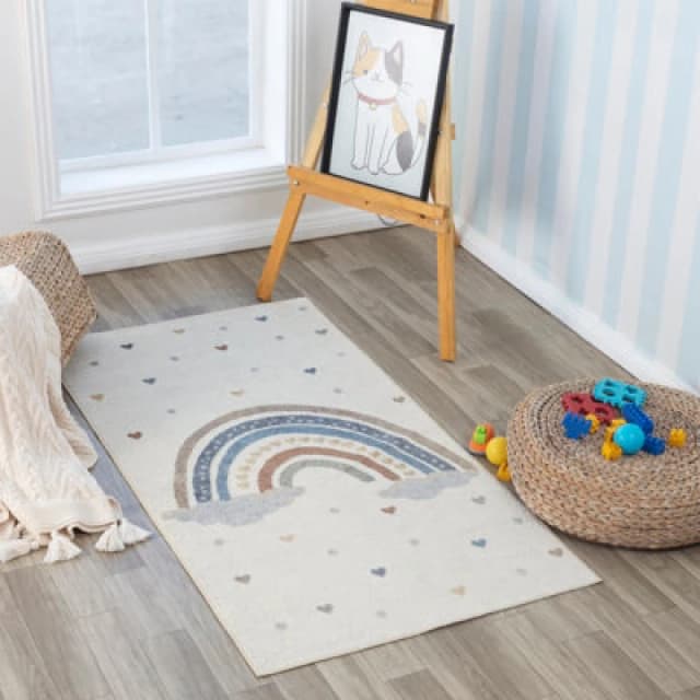Livabliss Kids Machine Washable Multicolour Bedroom Raini-Bow Area Rug 80 X 150 Cm - Easy Care, Soft & Safe Rug For Kids Spaces