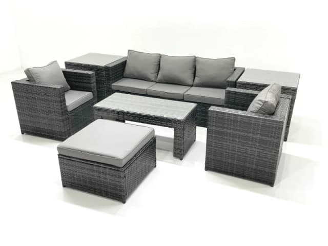 Fimous Rattan Garden Furniture Set Outdoor Lounger Sofa with Coffee Table 2 Armchair Big Footstool 2 Side Tables Dark Grey Mixed Dark Grey