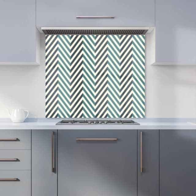 Warren Reed Designer Geometric Herringbone Chevron Blues Premium Glass Kitchen Splashback W600mm X H750mm