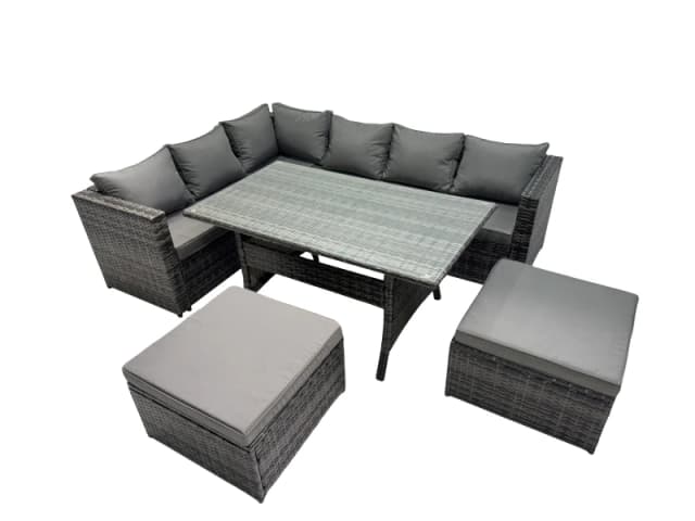 Fimous Outdoor PE Rattan Sofa Set with with 2 Big Stools in Dark Grey Dark Grey Unisex