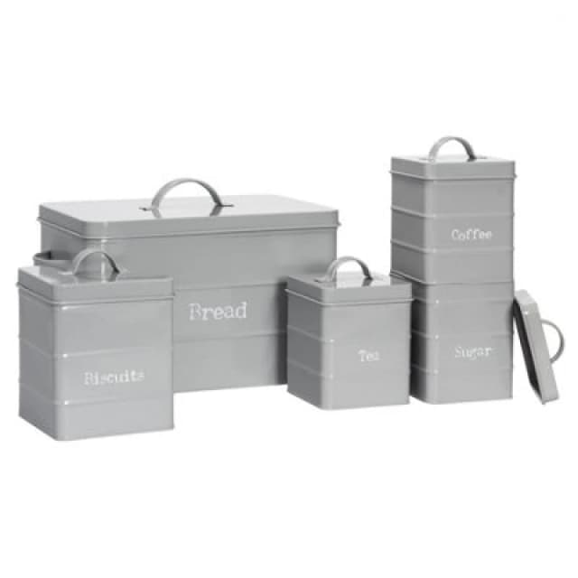 Harbour Housewares 5 Piece Kitchen Canisters Set - Grey - Vintage Metal Storage Caddy Tin Jar