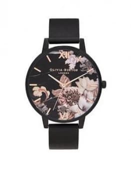 Olivia Burton Shoreditch Black Floral Dial Leather Strap Watch