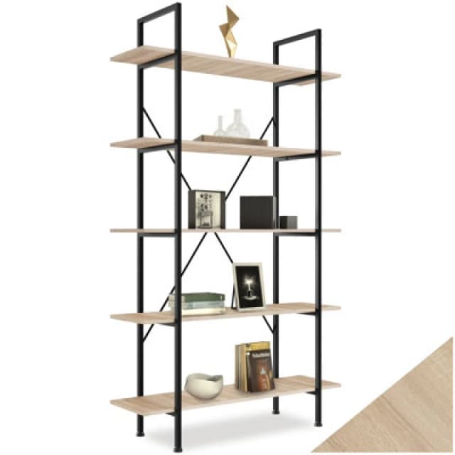 Tectake Ladder Shelf Glasgow - 5 Slim Shelves - Industrial Wood Light, Oak Sonoma