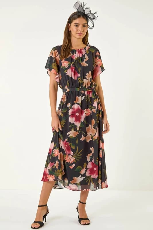 Roman Womens Floral Split Sleeve Midi Dress in Black Size: 10 Black Female 10