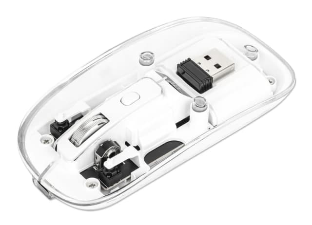 Manhattan Manhattan Transparent Rechargeable Wireless Mouse, Clear/White, Adjustable 800/1200/1600dpi, With RGB LED light, 2.4Ghz (effective range up