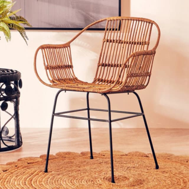 Orsina Brown Natural Rattan Chair With U Shaped Seat, Black Metal Legs Rattan Dining Chair, Rattan Outdoor Chair