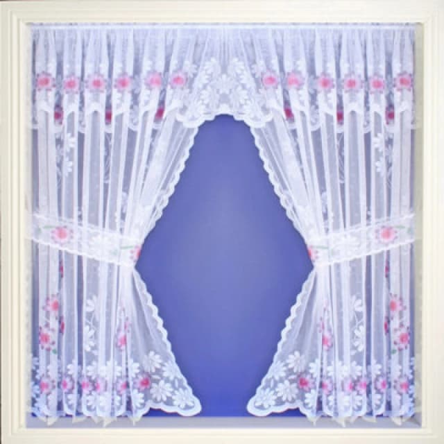 Tyrone Textiles Primrose Lavender Floral Lace Window Set 48" Spray Colour Rod Pocket Window Set With Attached Valance And 2 Matching Tie Backs