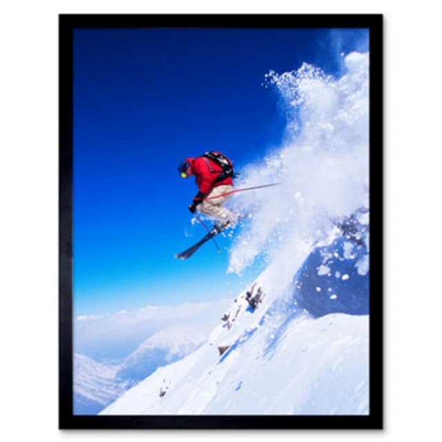 Artery8 Skier Ski Jumping Snow Sport Sky Home Decor 12X16" Framed Wall Art Print