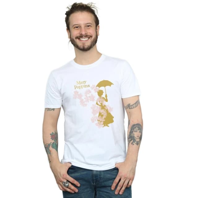 Disney Men Mary Poppins Floral Silhouette T-Shirt in White Size: Small White S Male 5057864435641