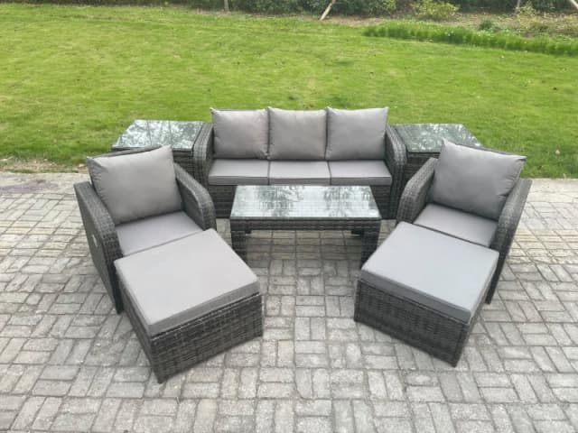 Fimous Rattan Garden Furniture Set with Rectangular Coffee Table 2 Side Tables 2 Big Footstool 7 Seater Patio Outdoor Lounge Sofa Set Dark Grey
