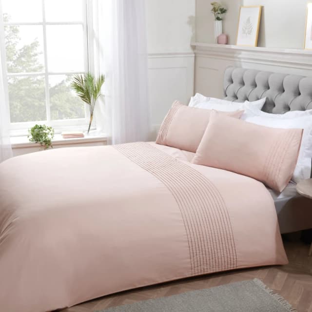 Smart Living Smart Living Luxury Pintuck Pleated Striped Panel Duvet Cover With Pillowcases in Light Pink Size: King Light Pink King Unisex 50562427