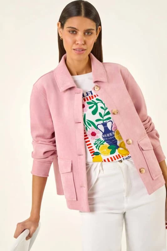 Roman Womens Suedette Button Jacket in Light Pink Size: 14 Light Pink Female 14