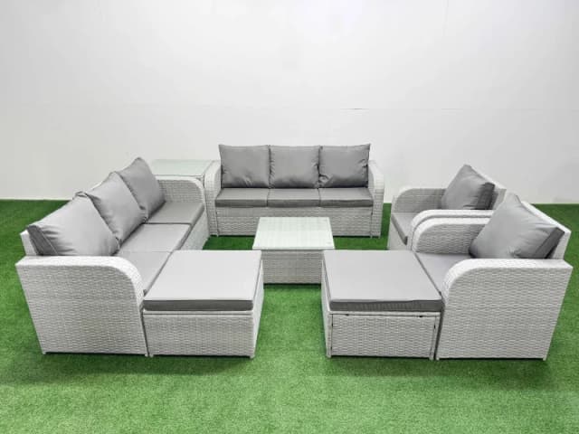 Fimous PE Rattan High Back Lounge Sofa Set Patio Square Coffee Table & Chairs Set with 3 Seater Sofa Reclining Chair 2 Big Footstool Side Table Light