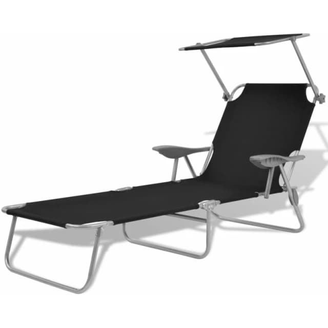 vidaXL Outdoor Sun Lounger with Canopy Patio Furniture Black Steel 58x189x27 cm