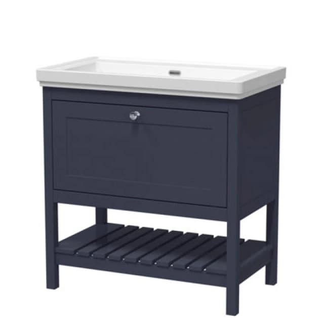 Balterley Bathroom Floor 1 Drawer Vanity & Fireclay Basin, Indigo Blue, 800mm in Blue Blue Unisex