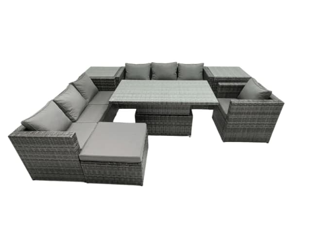 Fimous Rattan Dining Table Sofa Set with 2 Side Table Big Footstool 8 Seat in Dark Grey Dark Grey Unisex
