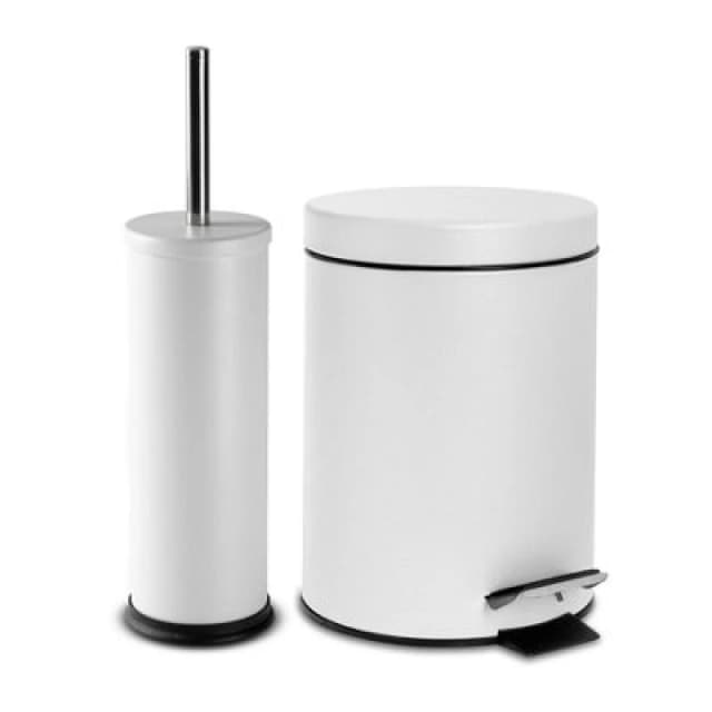 Harbour Housewares Bathroom Bin & Toilet Brush Set - 3L - Matt White Round Stainless Steel Slim Trashcan Rubbish Bin & Brush