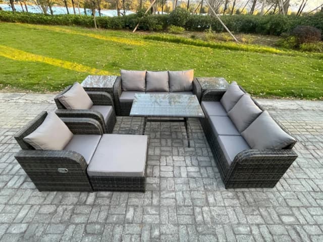 Fimous 9 Seater Rattan Outdoor Garden Furniture Sofa Set Patio Table & Chairs Set with 3 Seater Sofa Rectangular Dining Table 2 Side Tables Dark Grey