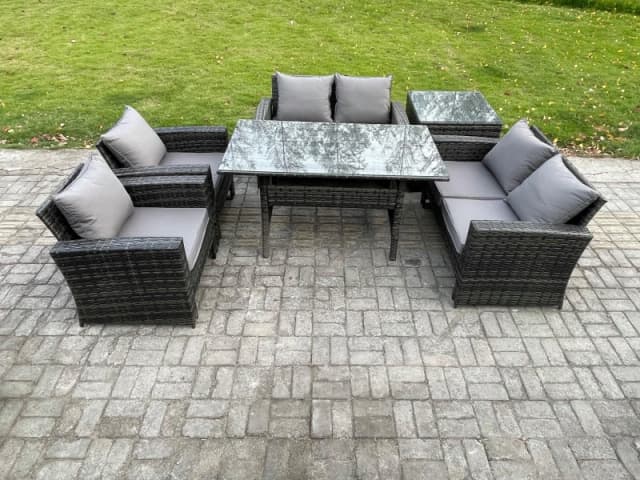 Fimous Rattan Garden Furniture Set 6 Seater Patio Outdoor Lounge Sofa Set with Oblong Dining Table Double Seat Sofa Side Table in Dark Grey Dark Grey