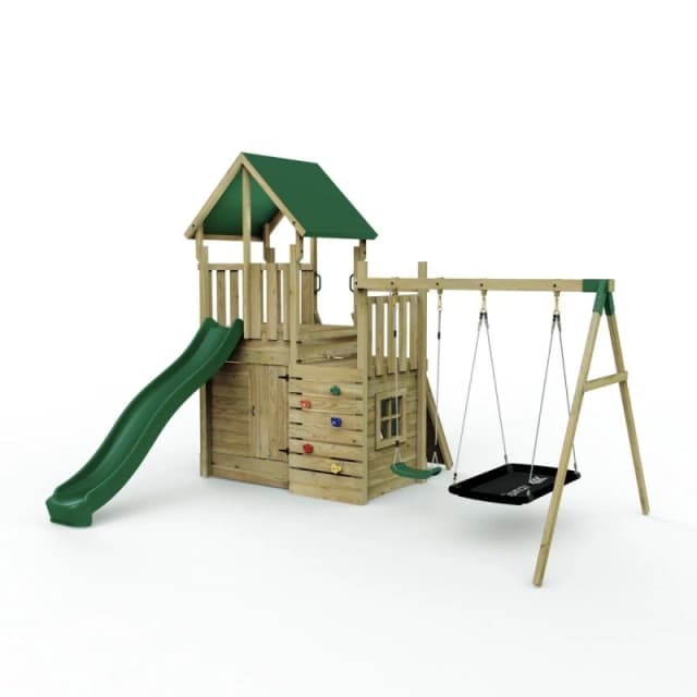 Rebo Wooden Climbing Frame with Play Tower and Slide - M8 Double Swings Brown