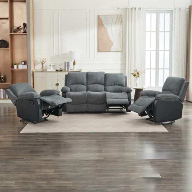 Manual Reclining Sofa Set, Corduroy Fabric Recliner Sectional Sofa Suite - 1+1+3 Sofa Set