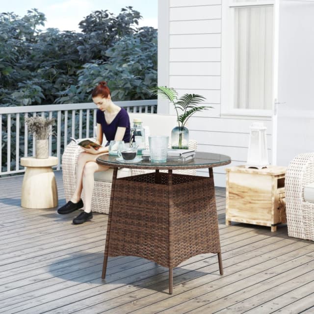 Outsunny Patio Furniture Rattan Garden Table with Umbrella Hole - Brown TJ Hughes 5063603142497