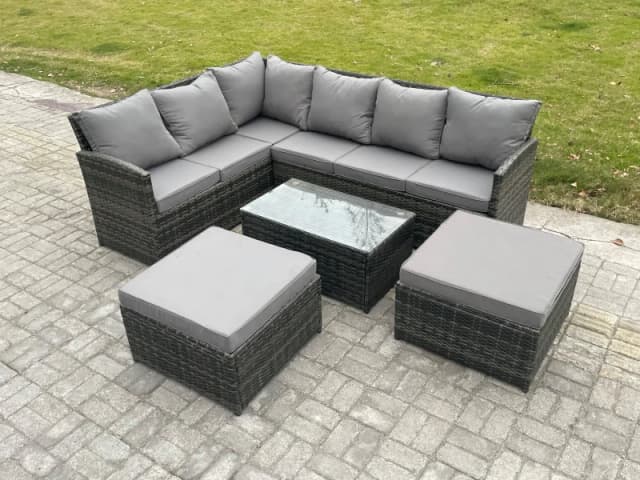 Fimous 8 Seater Rattan Lounge Corner Sofa Set Wicker PE Outdoor Garden Furniture Set with Coffee Table 2 Big Fotstools Dark Grey