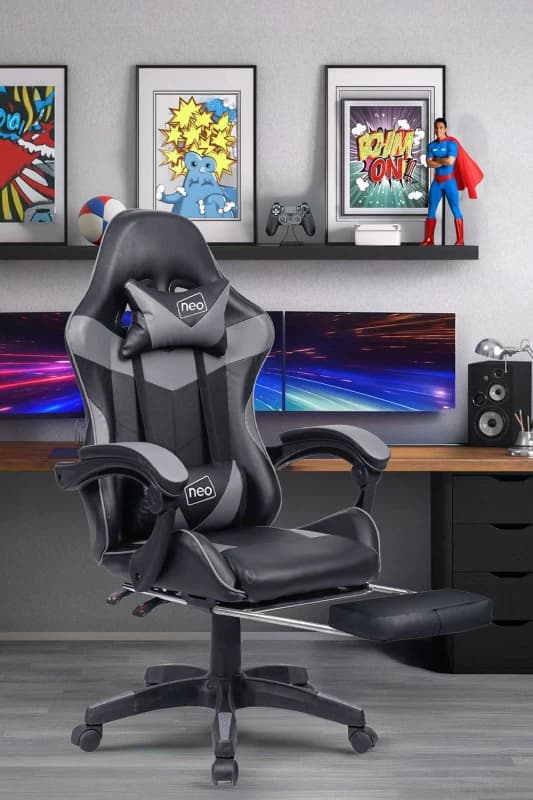 Neo Foot Turbo Massage Leather Recliner PC Gaming Chair with Footrest in Grey Grey Unisex
