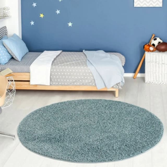 The Rugs Modern Luxury Shaggy Rug Solid Duck Egg Blue 120 Cm Round, Blue 5060912230945