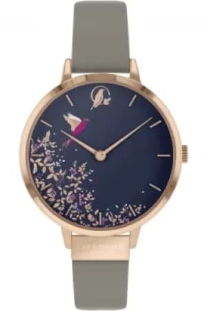 Sara Miller Chelsea Ladies Mink Leather Strap Navy Small Dial Enchanted Garden Watch SA2022