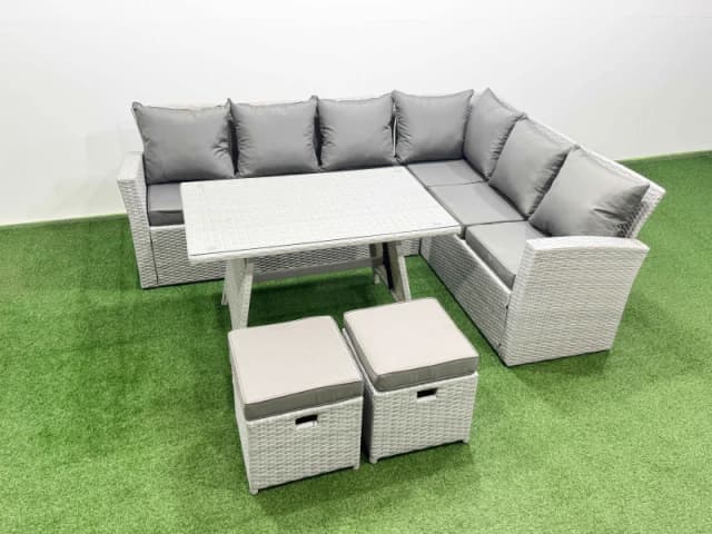 Fimous 8 Seater Garden Outdoor Rattan Furniture Set Oblong Dining Table Set in Light Grey Light Grey Unisex
