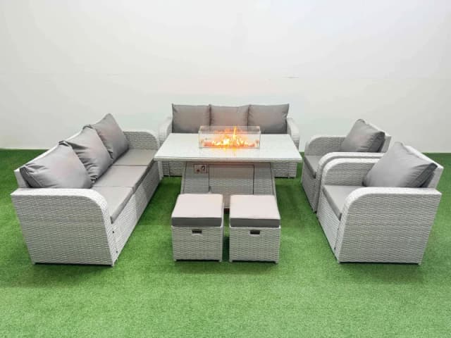 Fimous PE Rattan High Back Lounge Sofa Set Patio Firepit Dining Table & Chairs Set with 3 Seater Sofa Reclining Chair Stools Light Grey Light Grey