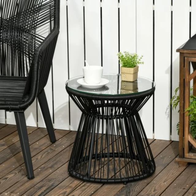 Outsunny PE Rattan End Table, Round Side Table, Tempered Glass Top Coffee Table, Black Black