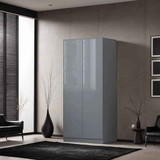 FWStyle FWStyle Grey Gloss 2 Door Double Wardrobe Push Open Grey One Size Unisex 5056413123565