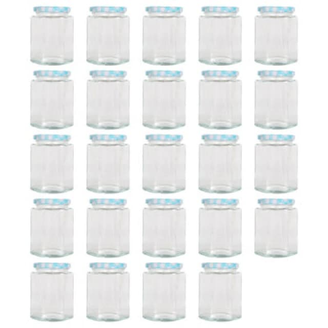 Argon Tableware Hexagonal Glass Jam Jars With Blue Gingham Lids - 250ml - Pack Of 24