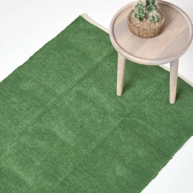 Homescapes Dark Olive 100% Cotton Plain Chenille Rug With Natural Trim, 60 X 100 Cm