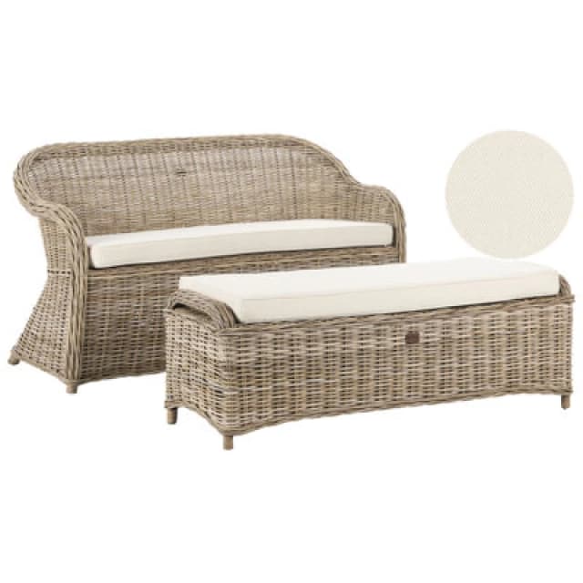 Beliani Garden Bench With Cushion Susua 141cm With Ottoman Rattan Natural