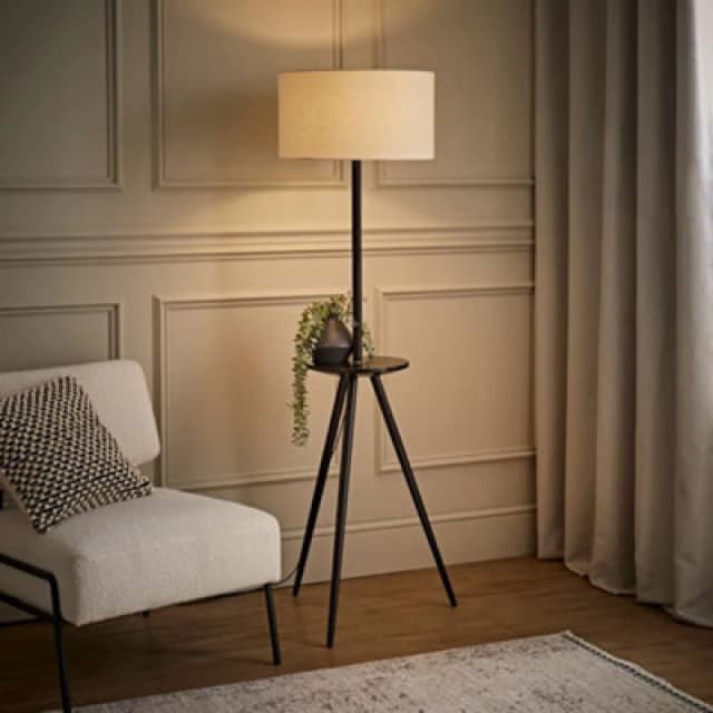 ValueLights ValueLights Desmond Side Table Tripod Floor Lamp with Natural Linen Lamp Shade in Black One Size Unisex 5016529273684