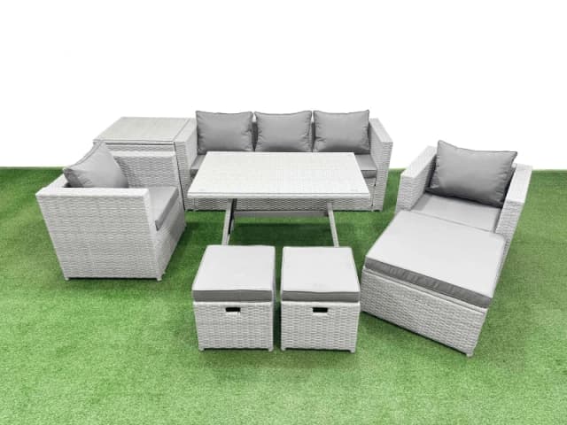 Fimous 9 Pieces Outdoor PE Rattan Sofa Armchair Set with Side Table 3 Stools in Light Grey Light Grey Unisex
