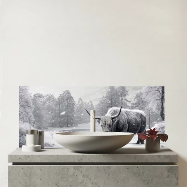 Warren Reed - Designer Snow Storm Highland Cow Glass Bathroom Splashback in White White Unisex