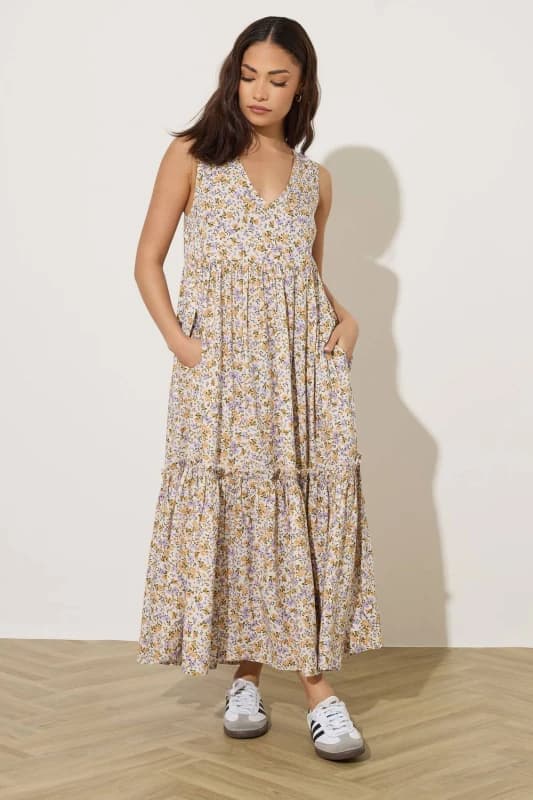 PixieGirl Womens Petite Ditsy Floral Tiered Midi Dress in Ivory Size: 14 Ivory Female 14