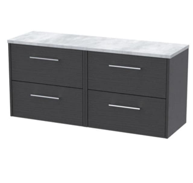 Nuie Hudson Reed Juno Wall Hung 4-Drawer Vanity Unit & Bellato Grey Worktop, Countertop Basin Unit In Graphite Grey Woodgrain, 1200mm