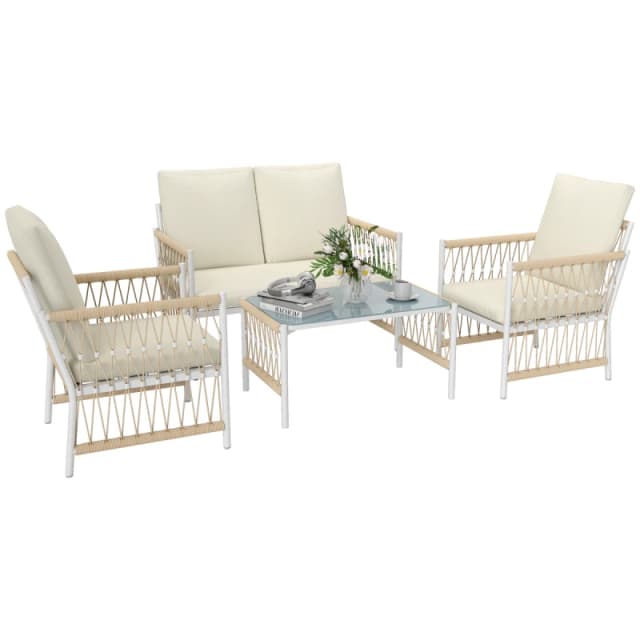Outsunny 4 Seater Rattan Garden Sofa Set With Glass Top Coffee Table - Khaki TJ Hughes 5063603576049