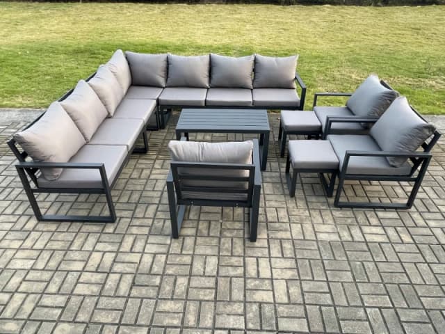 Fimous Aluminium Outdoor Garden Furniture Set Lounge Corner Sofa 3 Pcs Chair Oblong Coffee Table Sets with 2 Small Footstools Dark Grey Dark Grey Unis