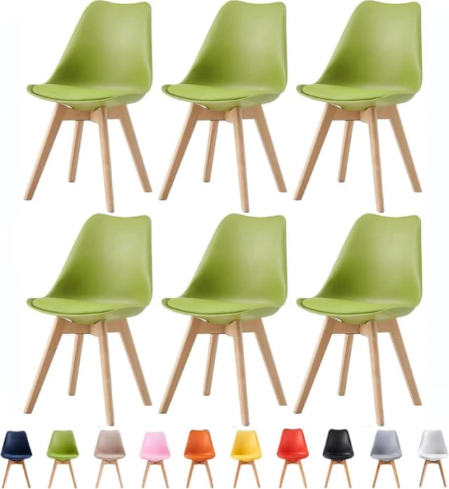 MCC Direct Set of 6 Dining Chairs with Solid Wooden Legs & Seat Cushion Pads in Grey - Eva by MCC in Green Green Unisex