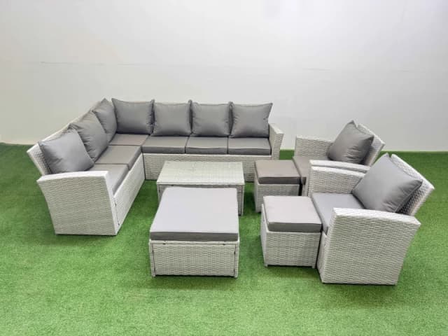 Fimous 11 Seater Garden Outdoor PE Rattan Furniture Set with 3 Stools in Light Grey Light Grey Unisex