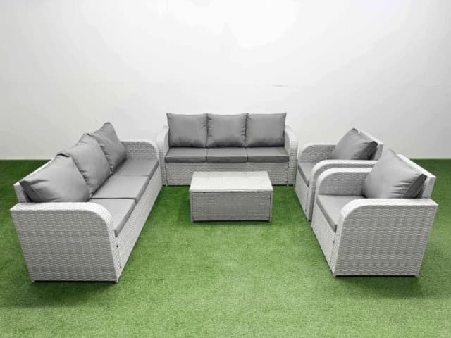 Fimous PE Rattan High Back Lounge Sofa Set Patio Coffee Table & Chairs Set with 3 Seater Sofa Reclining Chair Light Grey Light Grey