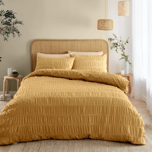 Catherine Lansfield Seersucker Duvet Cover Set Caramel unisex Double
